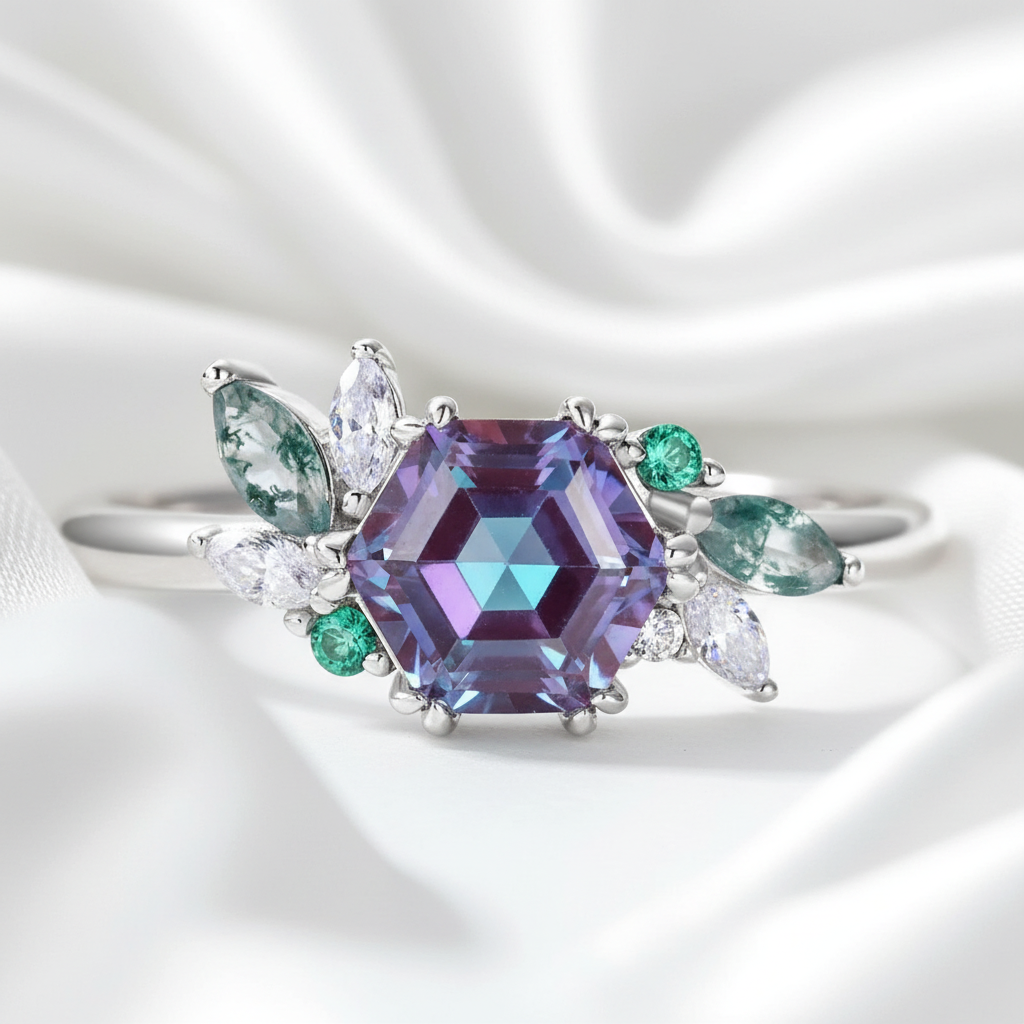Hexagon Cut Alexandrite Birthstone Engagement Ring-Evani Jewelry