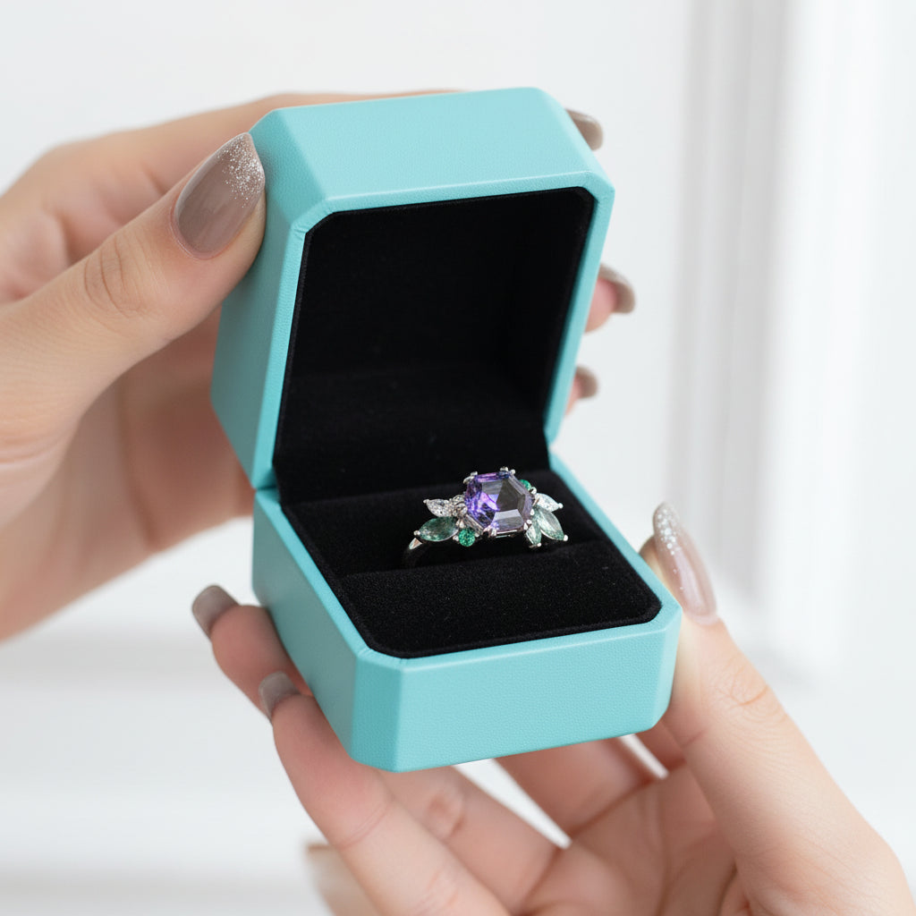Hexagon Cut Alexandrite Birthstone Engagement Ring-Evani Jewelry