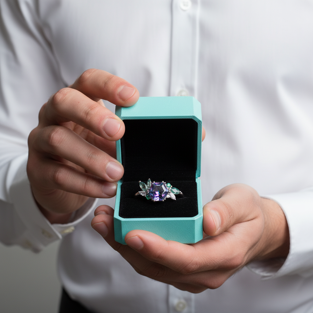 Hexagon Cut Alexandrite Birthstone Engagement Ring-Evani Jewelry