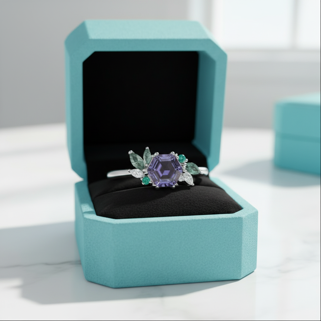 Hexagon Cut Alexandrite Birthstone Engagement Ring-Evani Jewelry
