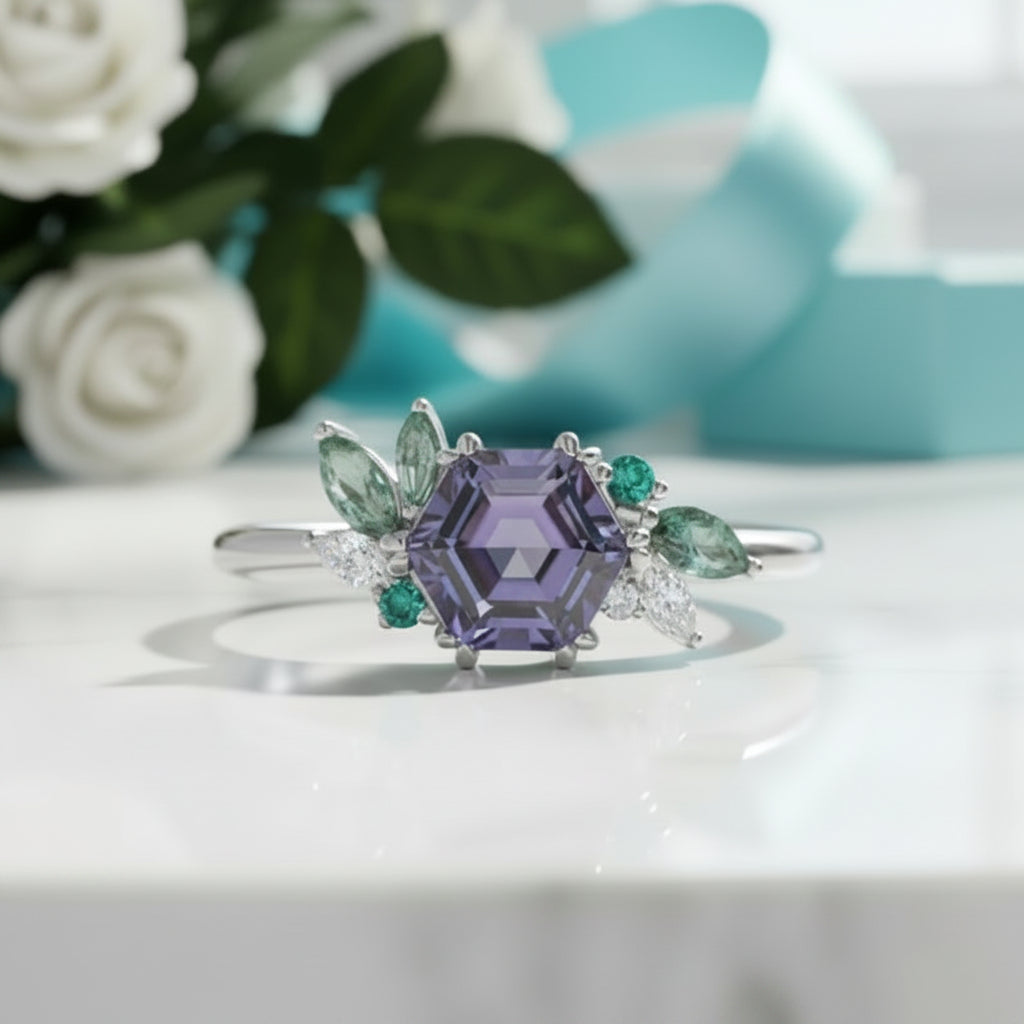 Hexagon Cut Alexandrite Birthstone Engagement Ring-Evani Jewelry