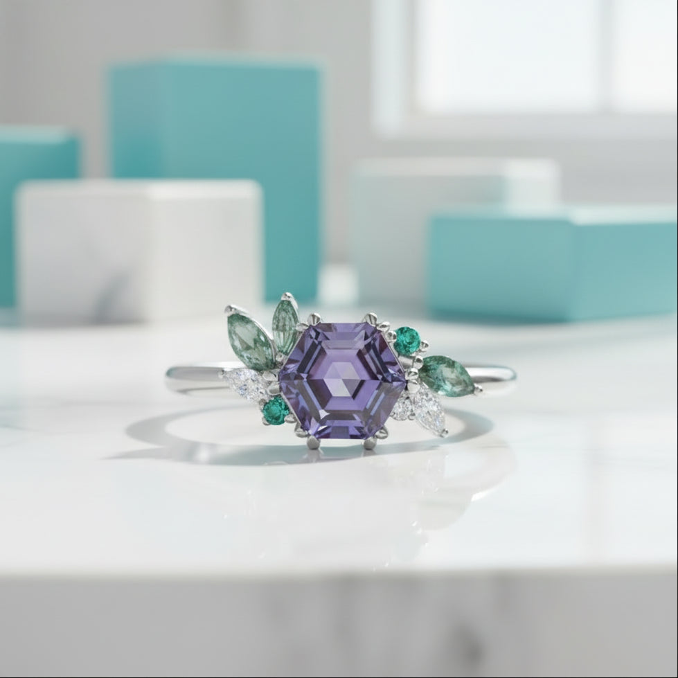 Hexagon Cut Alexandrite Birthstone Engagement Ring-Evani Jewelry