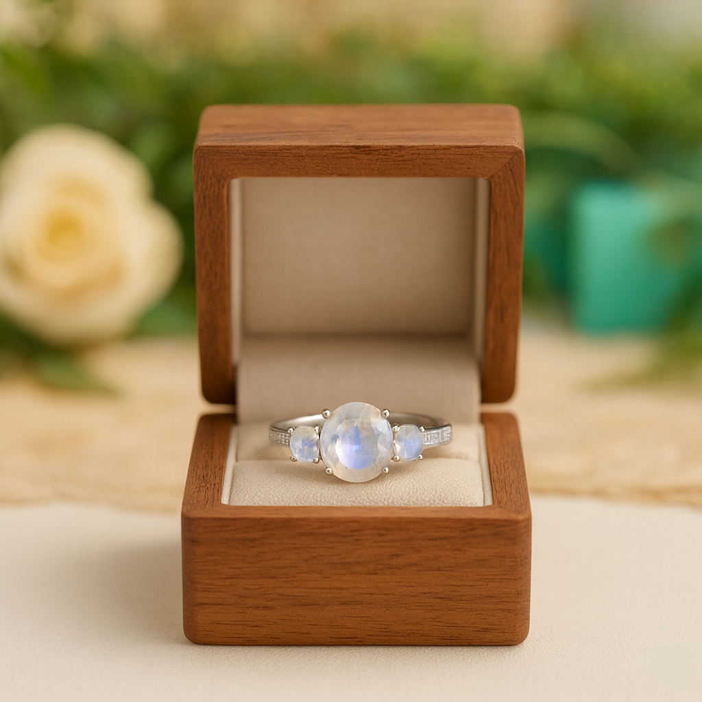 Ring with a moonstone in a wooden box on a blurred natural background