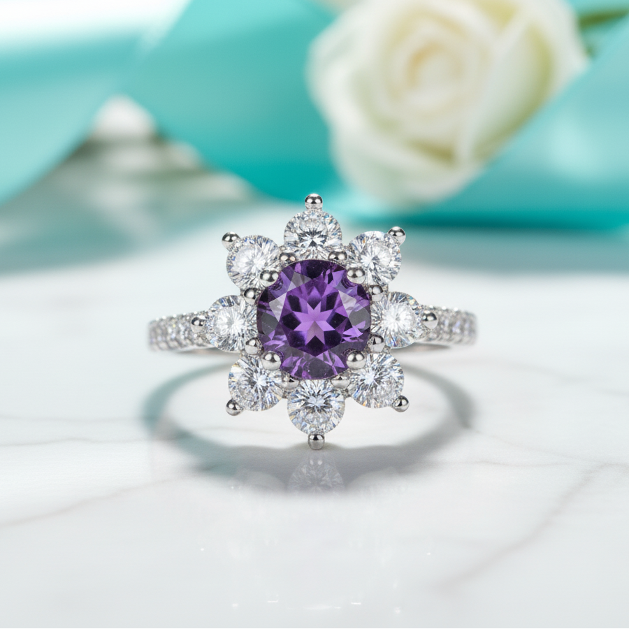 2.0 Ct Round Cut Amethyst Sunflower Halo Engagement Ring-Evani Jewelry