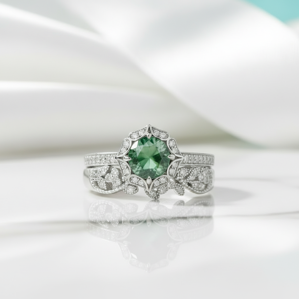 Forever Bloom- Round Cut Moss Agate & Alexandrite Rings