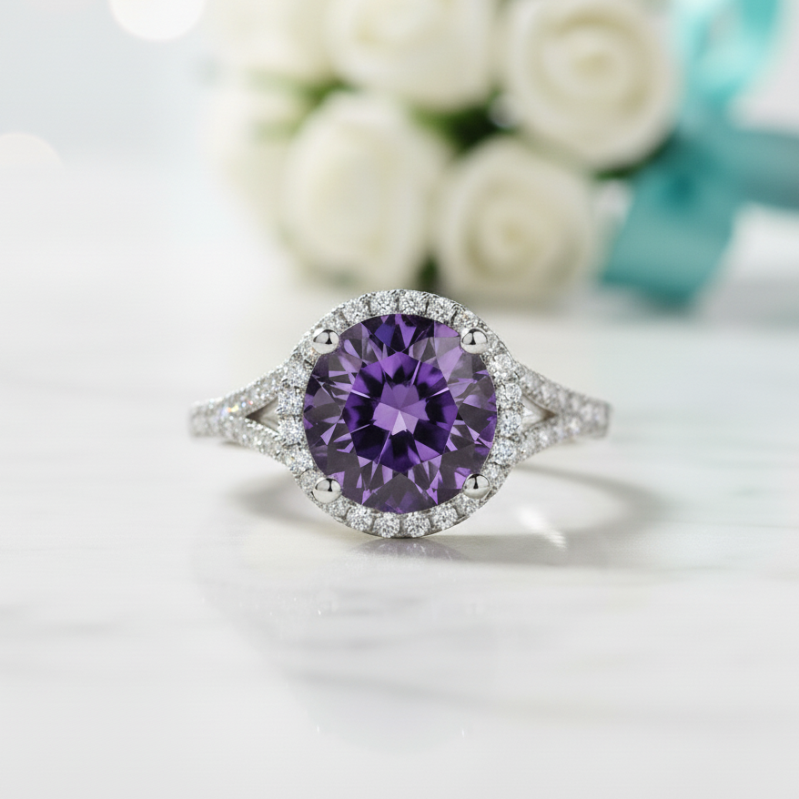 Classic 1.0 Ct Round Cut Amethyst Halo Engagement Ring-Evani Jewelry