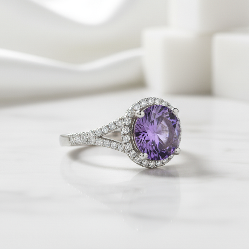 Classic 1.0 Ct Round Cut Amethyst Halo Engagement Ring-Evani Jewelry
