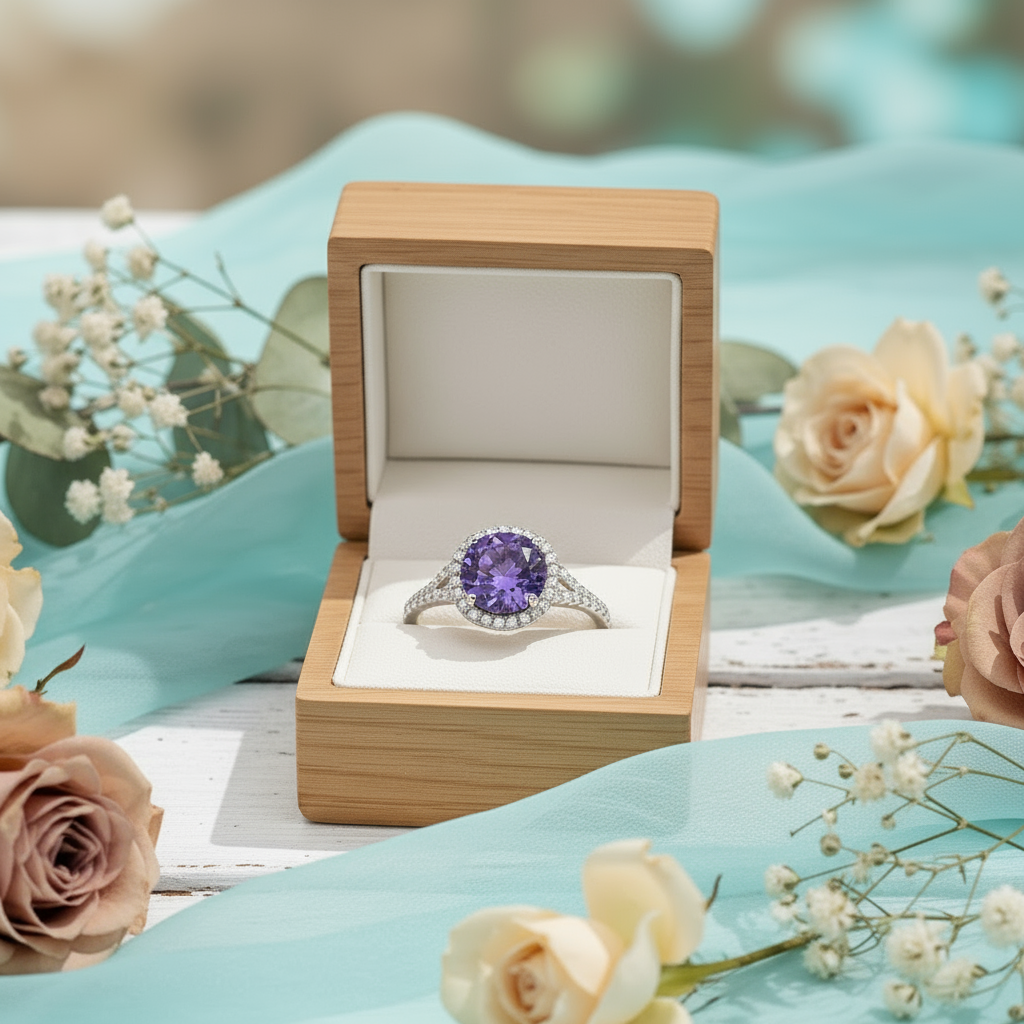 Classic 1.0 Ct Round Cut Amethyst Diamond Halo Engagement Ring