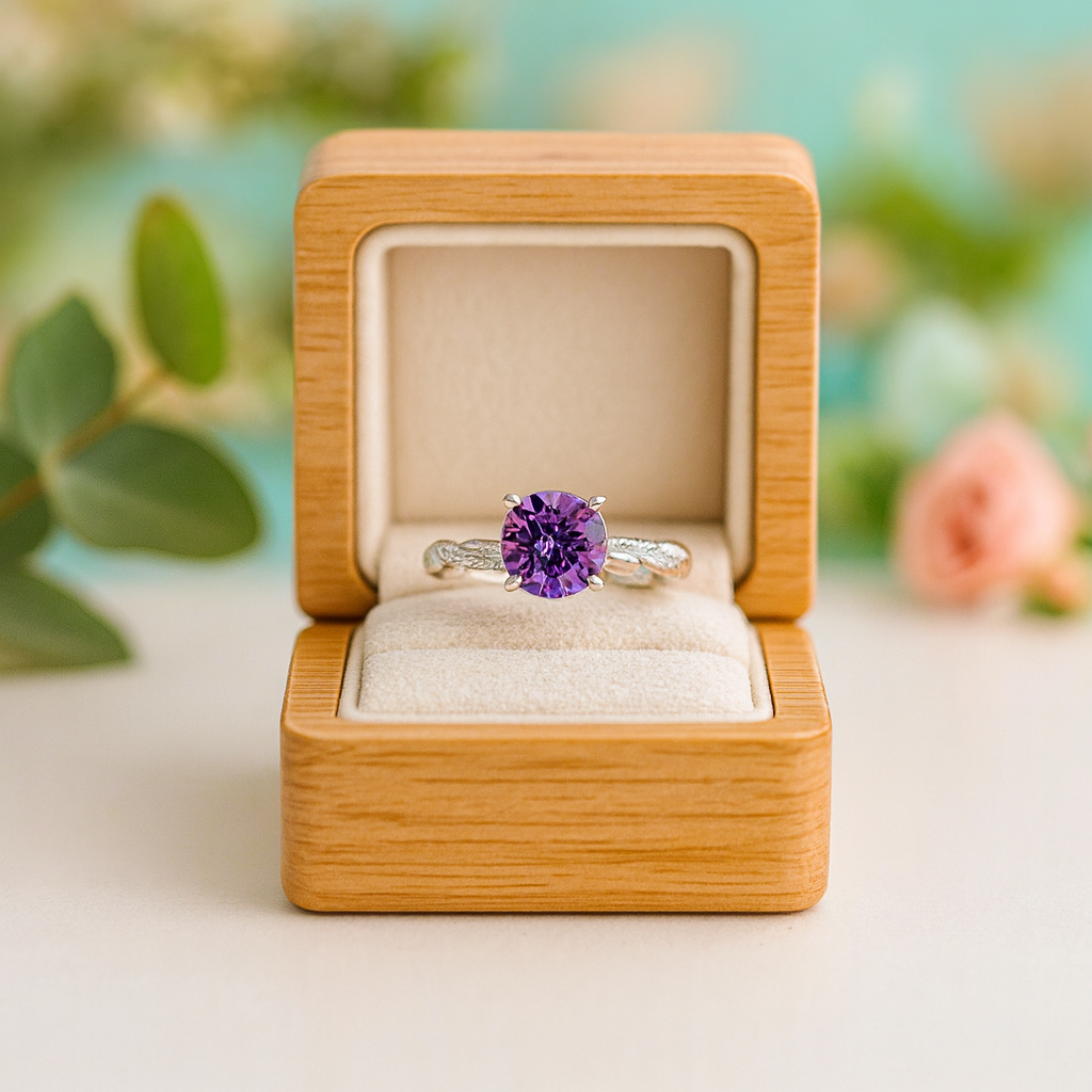 Ring with a purple gemstone in a wooden box against a blurred natural background