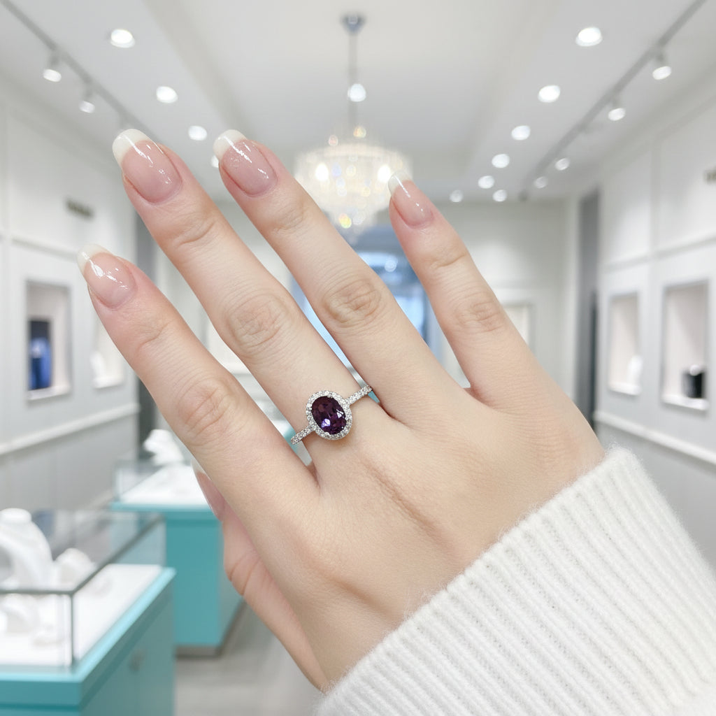 Oval Halo Lab Alexandrite Engagement Ring-Evani Jewelry