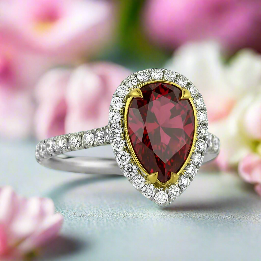 Ring with a red gemstone and diamond accents on a blurred background