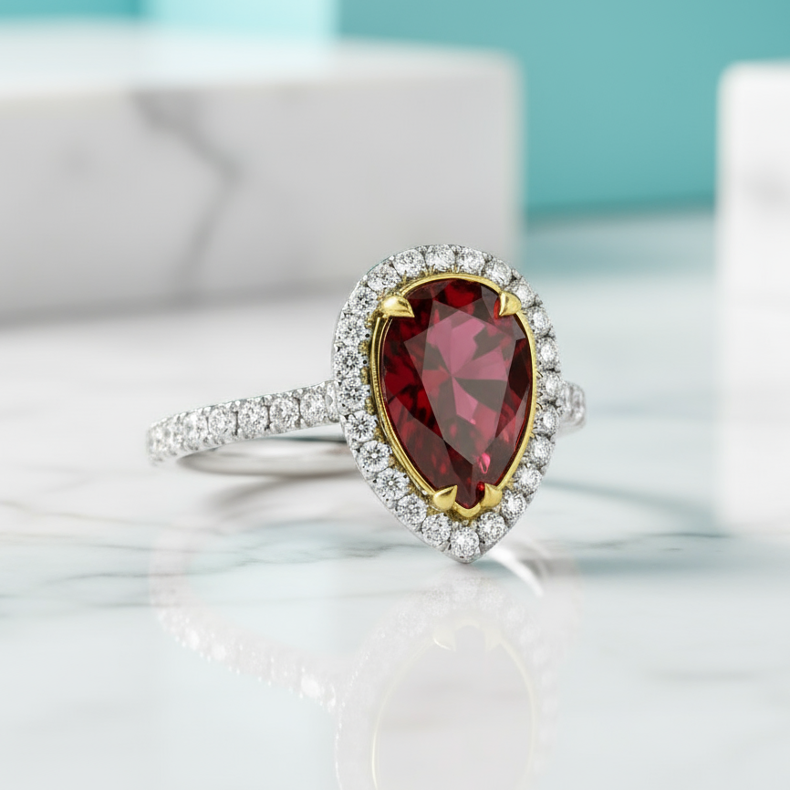 3.50 Ct Ruby Pear Cut Engagement Ring-Evani Jewelry