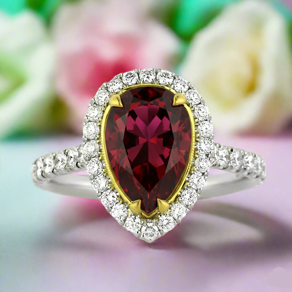 Ring with a red gemstone and diamond accents on a floral background