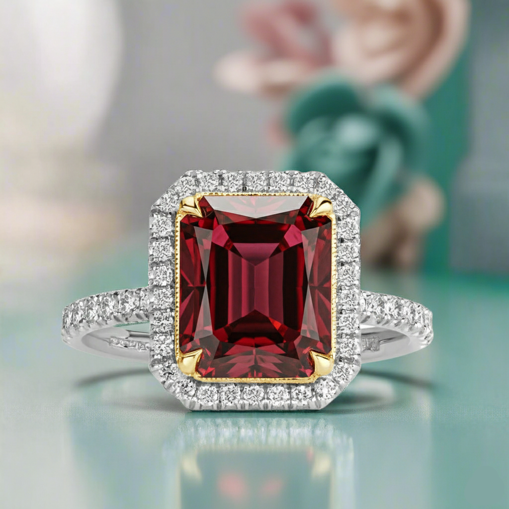 Ring with a red gemstone and diamond accents on a reflective surface
