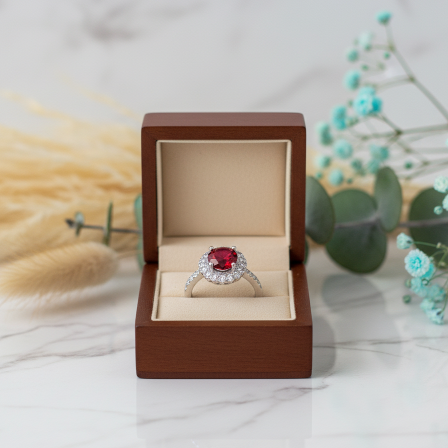 Ring with a red gemstone in a wooden box on a marble surface with decorative plants.