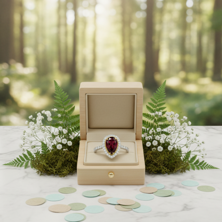 Ring with a red gemstone in a wooden box on a table with a forest background