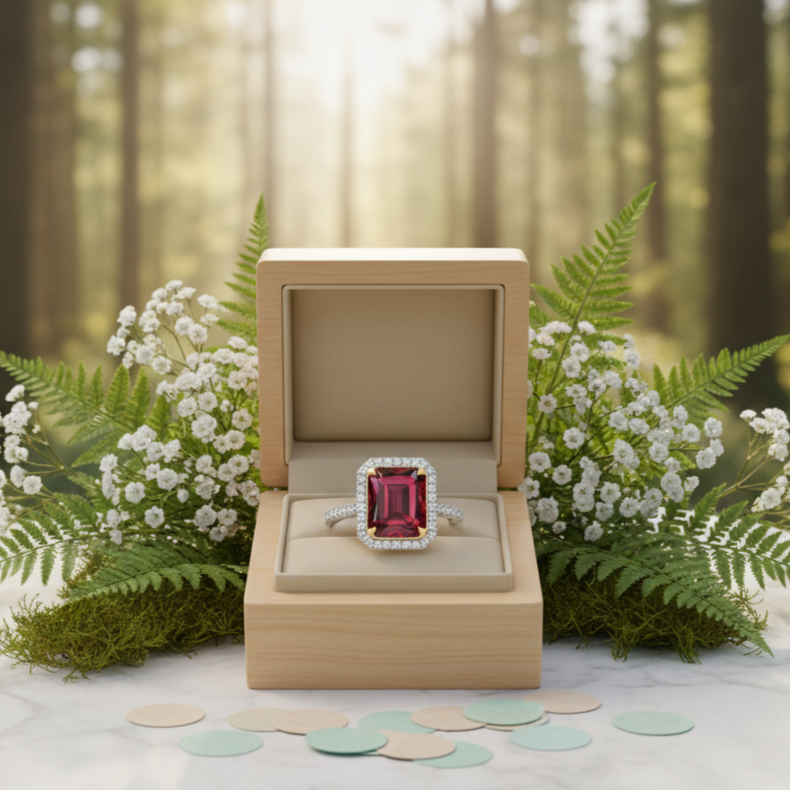 Ring with a red gemstone in a wooden box on a table with flowers and greenery in the background