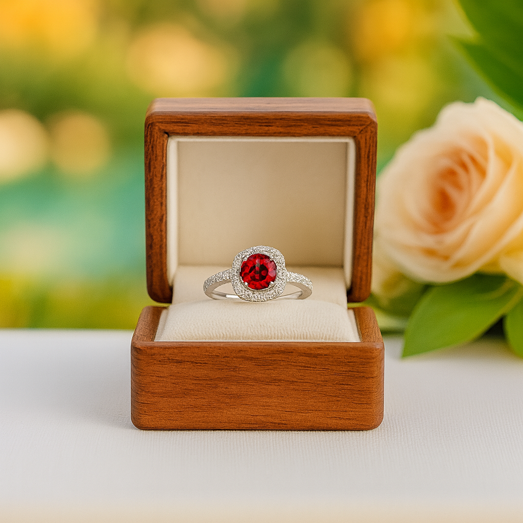 Ring with a red gemstone in a wooden box with a blurred floral background