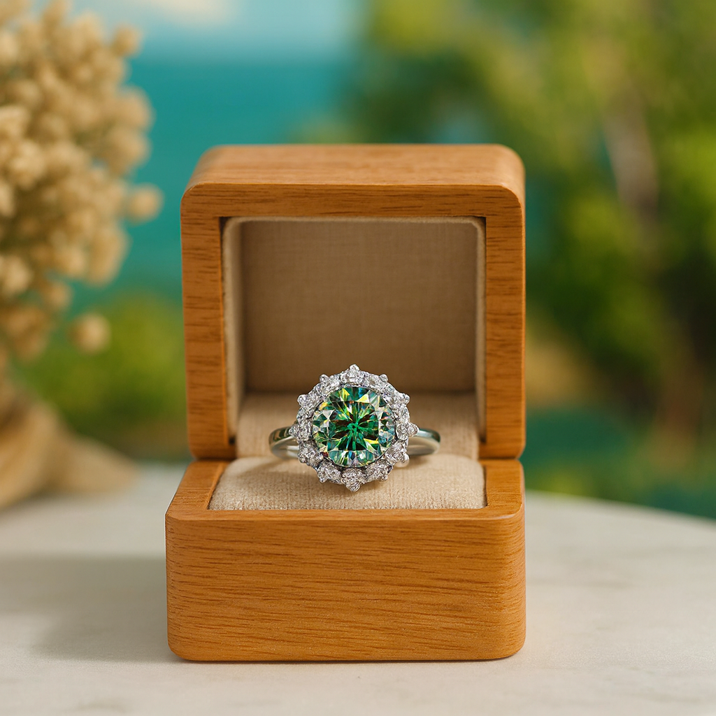 Ring with green gemstone in a wooden box against a blurred natural background