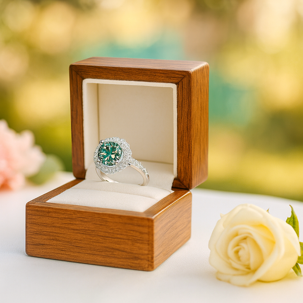 Ring with green gemstone in a wooden box on a blurred natural background