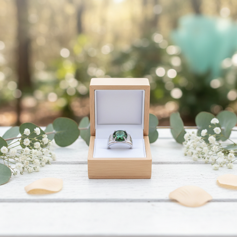 Ring with green gemstone in a wooden box on a wooden surface with blurred natural background