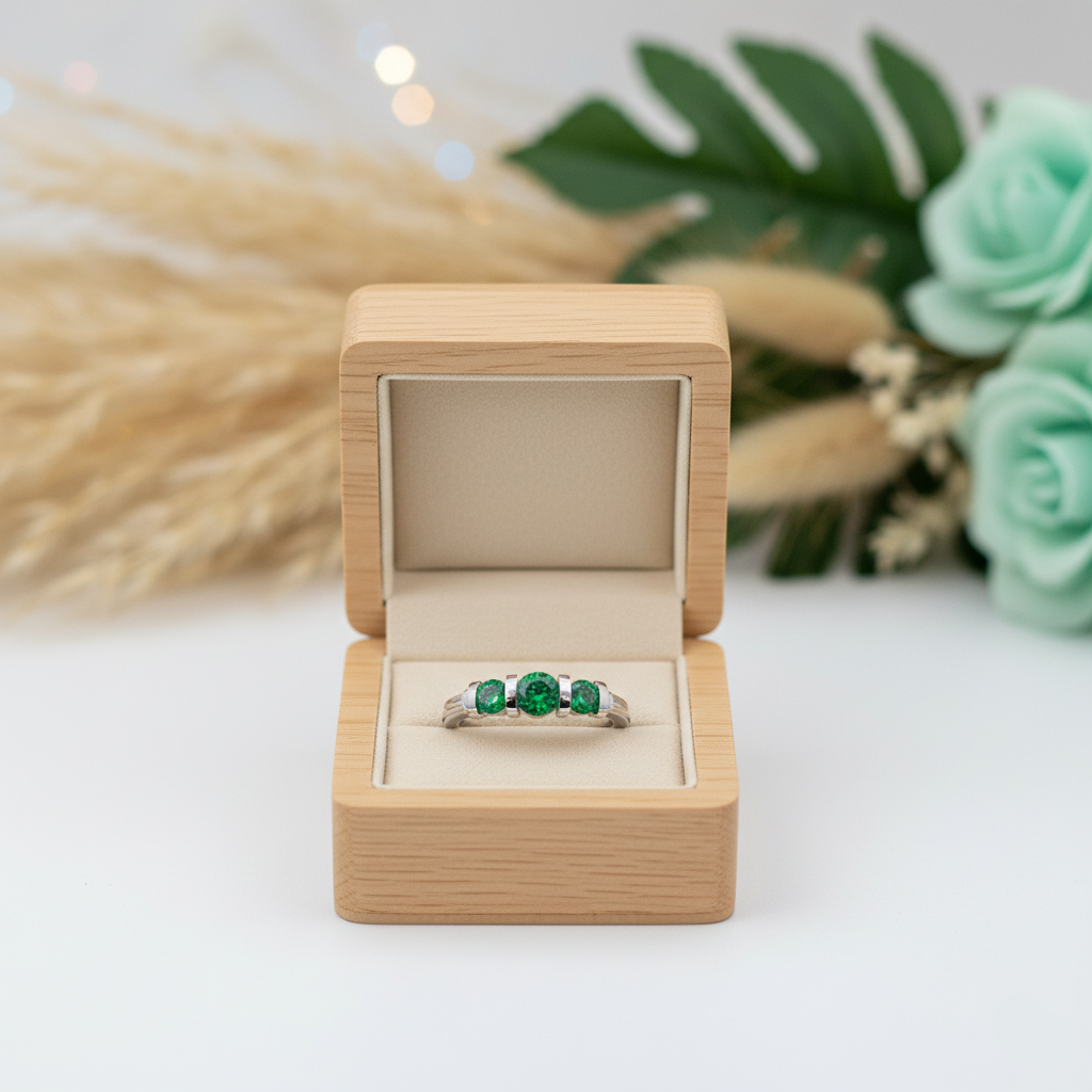 Ring with green gemstones in a wooden box on a light background with flowers.