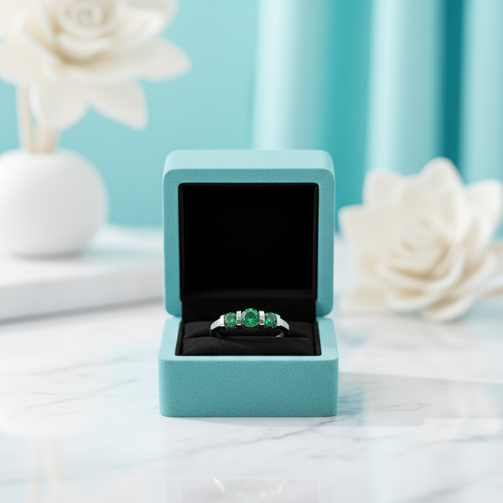 Turquoise jewelry box with a green gemstone ring on a light blue background