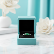 Turquoise jewelry box with a green gemstone ring on a light blue background