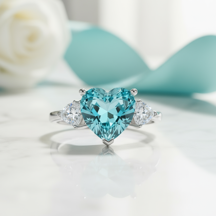 Ring with heart-shaped blue gemstone and smaller clear stones on a white background