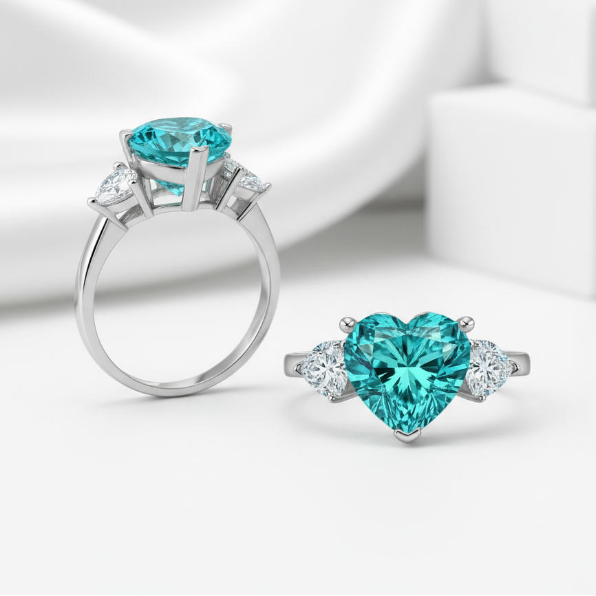 4.90 Ct Heart Cut Three Stone Aquamarine Engagement Ring-Evani Jewelry