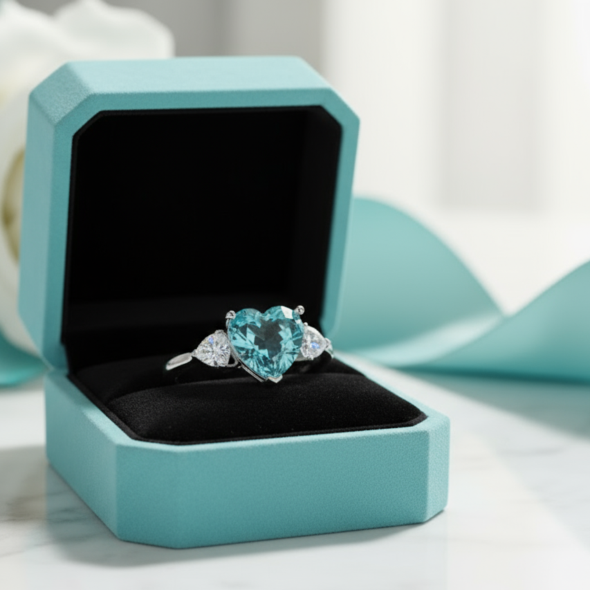 4.90 Ct Heart Cut Three Stone Aquamarine Engagement Ring-Evani Jewelry