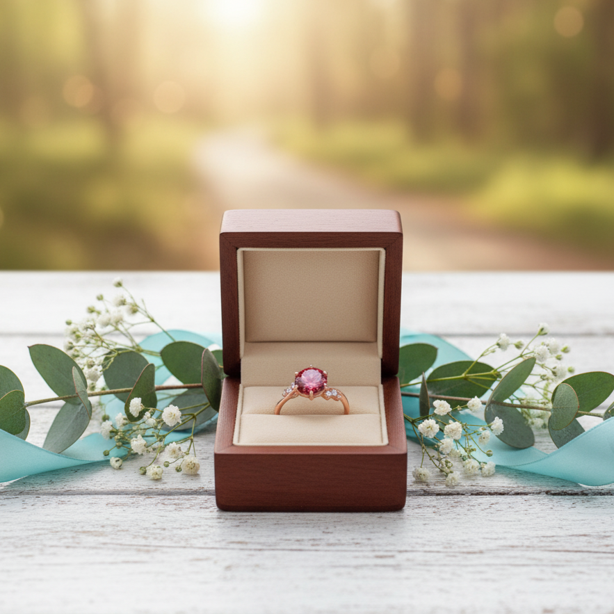 Ring with pink gemstone in a wooden box on a wooden surface with greenery in the background