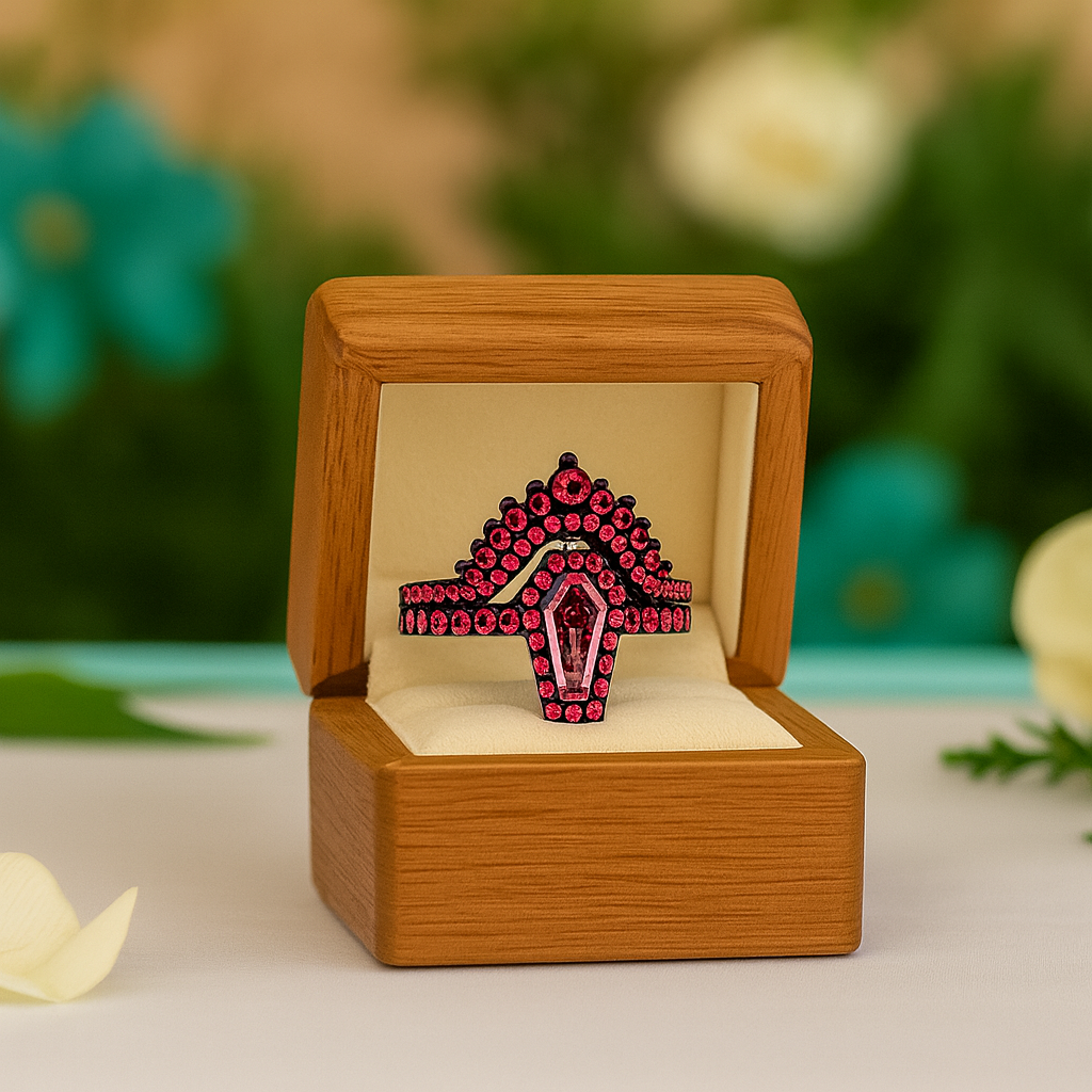 Ring with pink gemstones in a wooden box on a blurred natural background