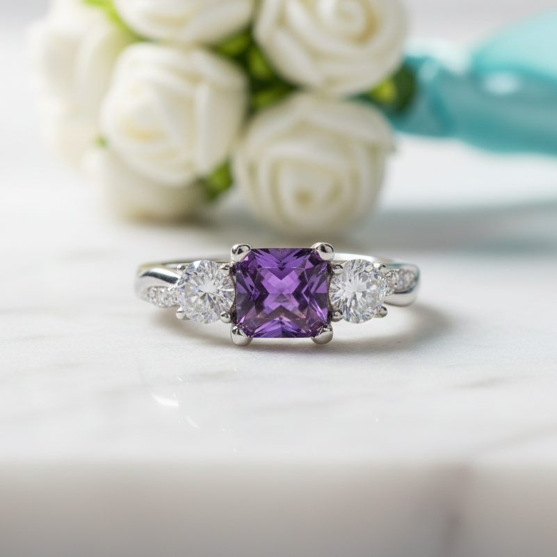 1.5 Ct Princess Cut Amethyst Three Stone Engagement Ring-Evani Jewelry