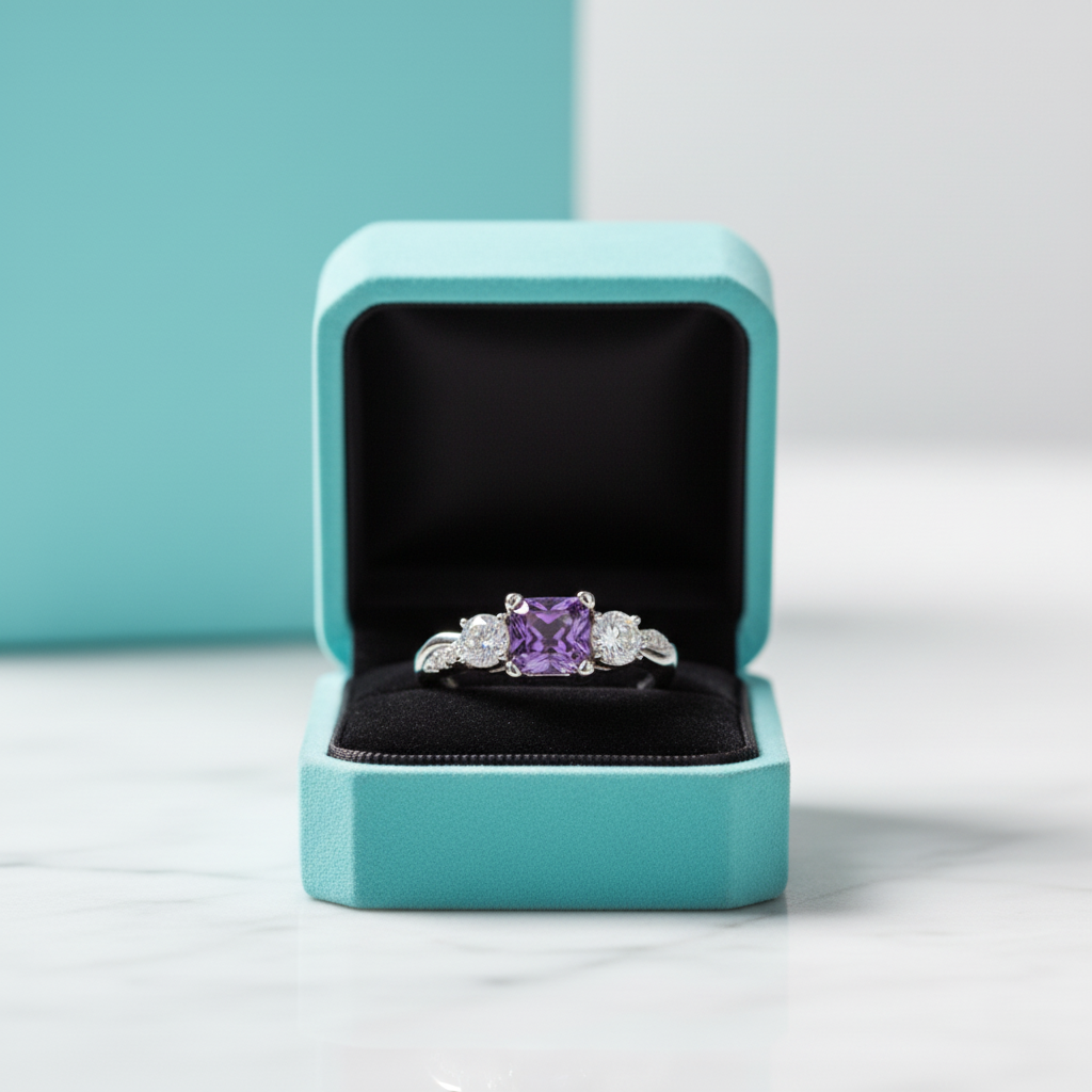 1.5 Ct Princess Cut Amethyst Three Stone Engagement Ring-Evani Jewelry