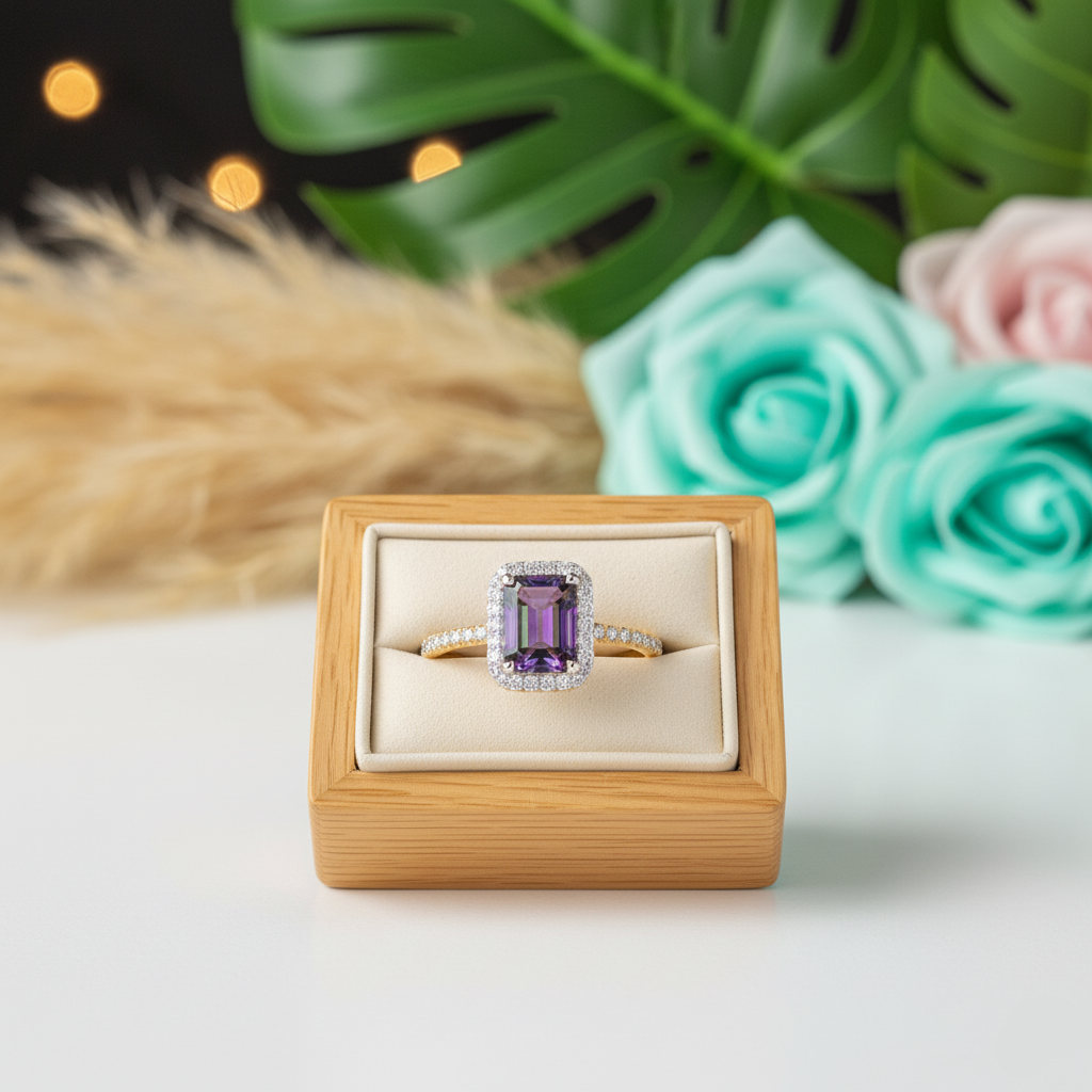 Ring with purple gemstone in a wooden box against a decorative background with flowers and leaves.