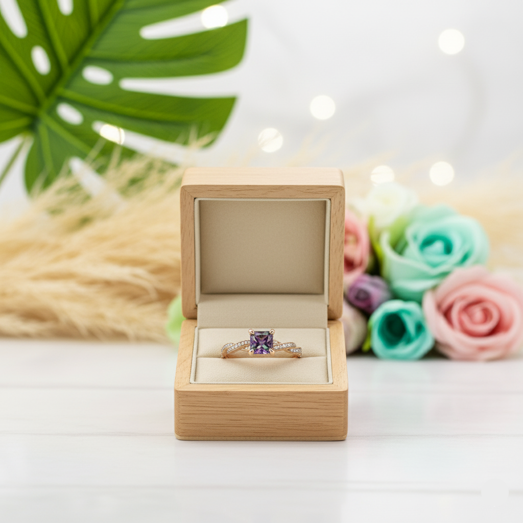 Ring with purple gemstone in a wooden box on a light background with flowers and leaves.