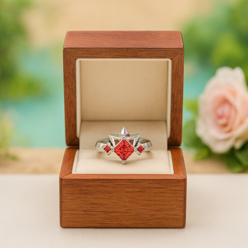 Ring with red gemstone in a wooden box against a blurred floral background