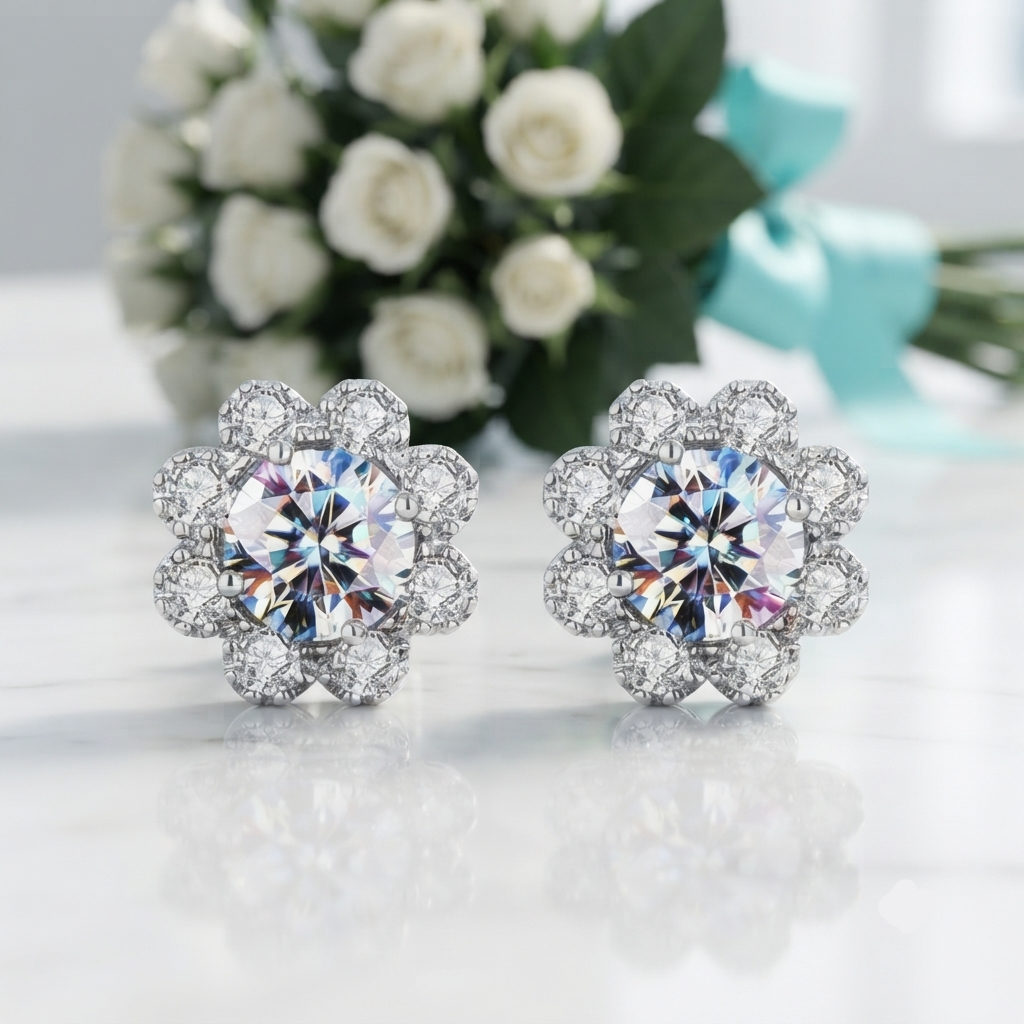 A pair of silver-toned flower-shaped stud earrings with clear sparkling gemstones, displayed on a white reflective surface with a blurred bouquet of white roses and a turquoise ribbon in the background.
