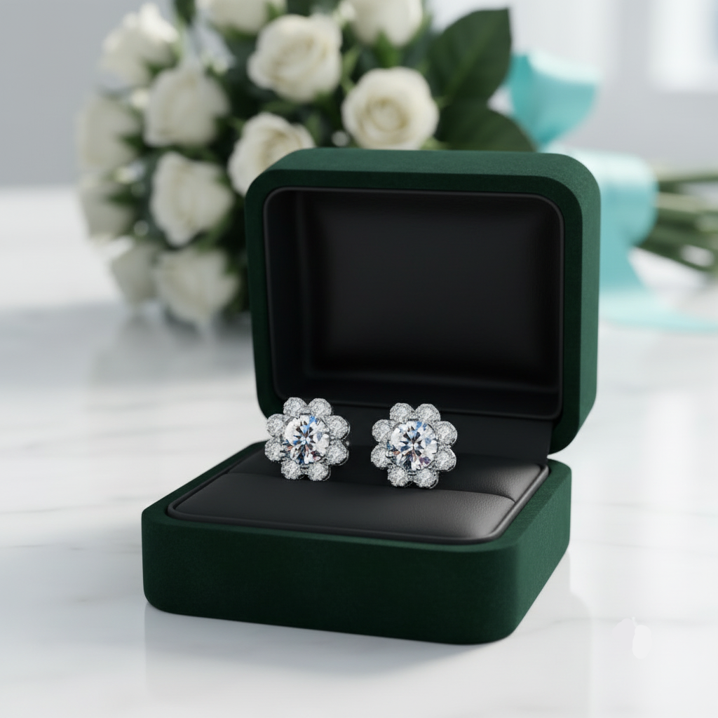 A pair of silver-toned flower-shaped stud earrings with clear gemstones, displayed inside an open dark green jewelry box on a white surface, with blurred white roses in the background.