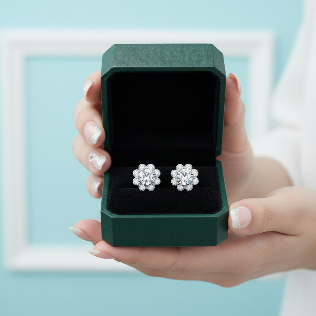 A pair of silver-toned flower-shaped stud earrings displayed in an open dark green jewelry box held by two hands against a light blue background.