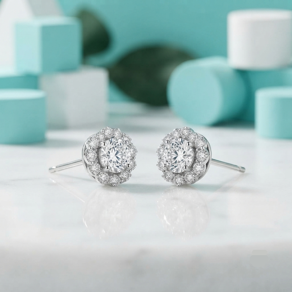 A pair of round diamond halo stud earrings in silver-toned metal, displayed on a white marble surface with a soft-focus turquoise and white background.