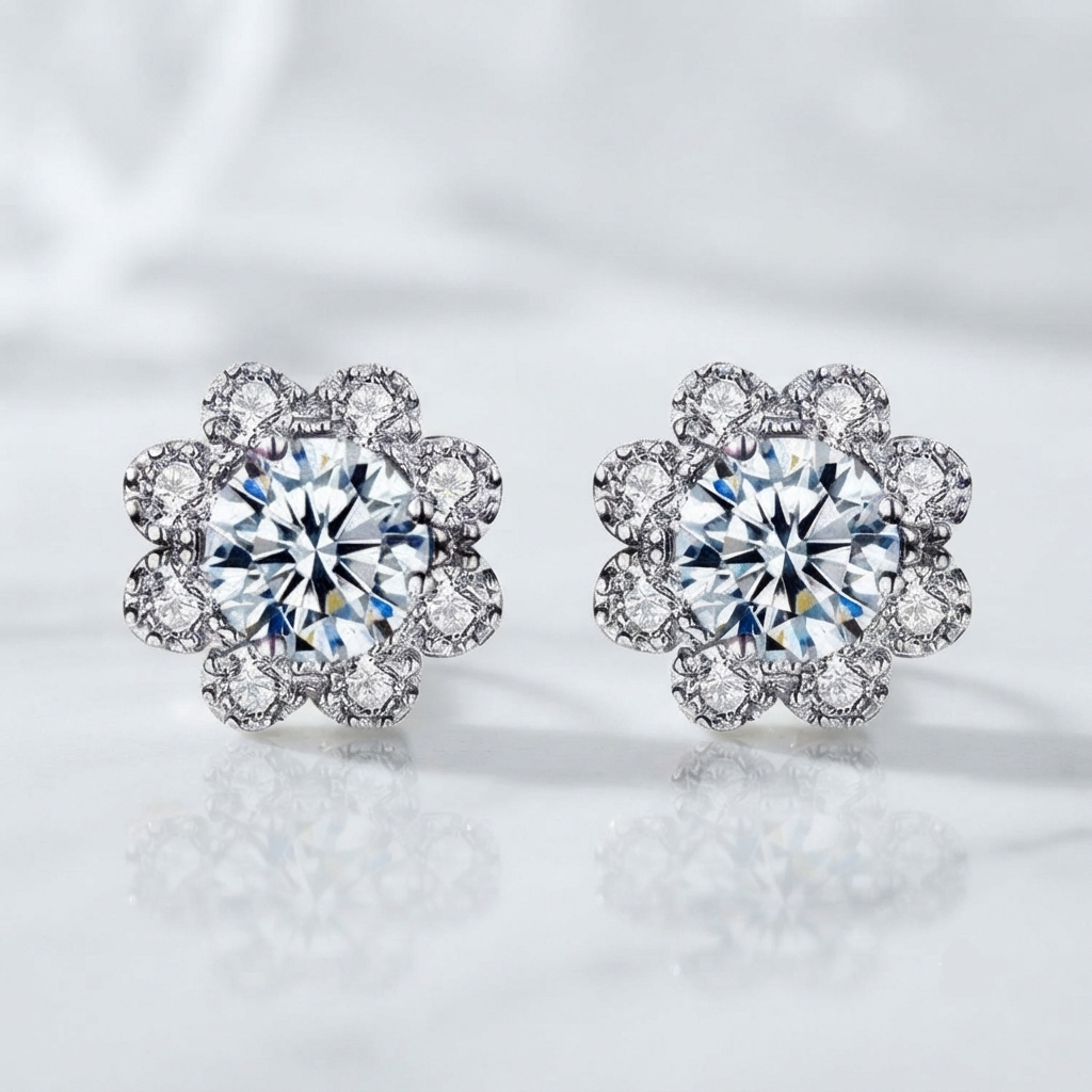 A pair of silver-toned flower-shaped stud earrings with large round clear center stones and smaller surrounding stones, shown on a soft white reflective surface.