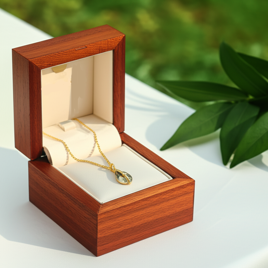 Wooden jewelry box with a gold necklace featuring a heart pendant on a white surface with green leaves in the background.