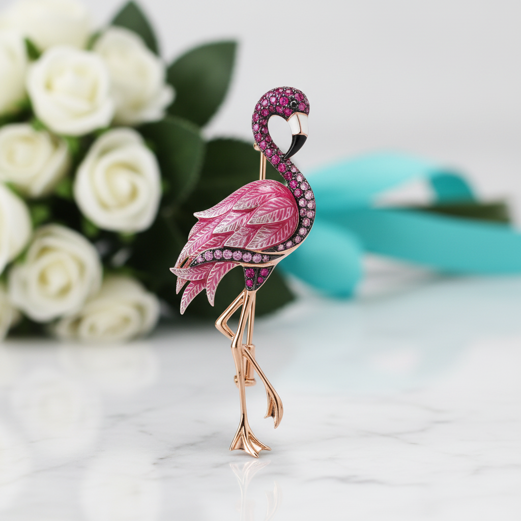 Rose Gold Flamingo with Diamond Brooch-Evani Jewelry