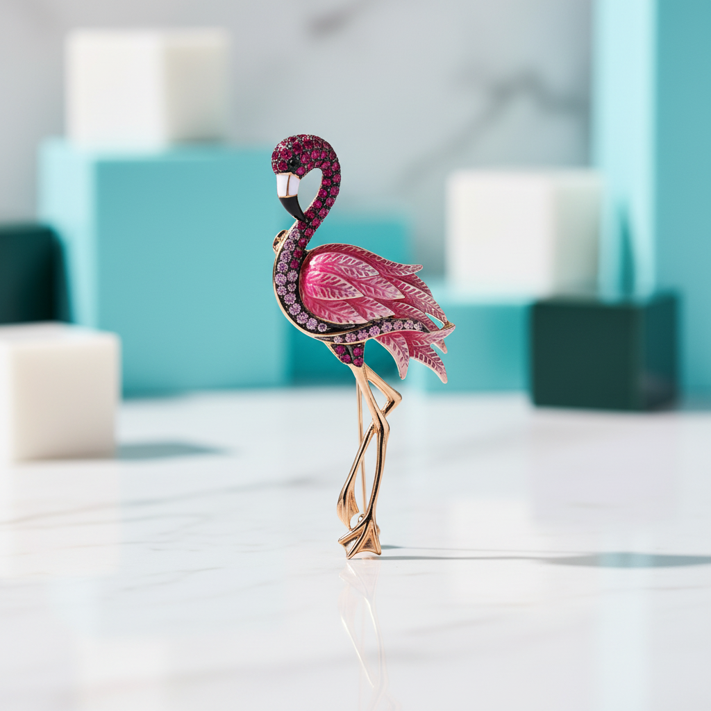 Rose Gold Flamingo with Diamond Brooch-Evani Jewelry