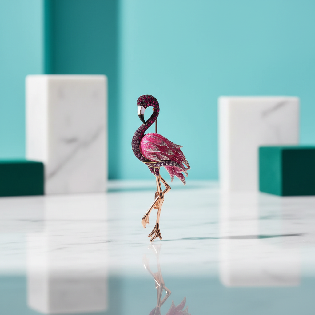 Rose Gold Flamingo with Diamond Brooch-Evani Jewelry