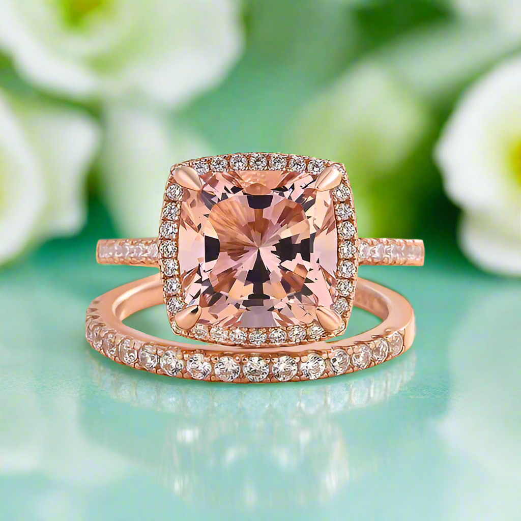 Rose Gold Halo Cushion Cut Peachy Pink Stone Wedding Ring Set-Evani Naomi Jewelry
