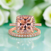 Rose Gold Halo Cushion Cut Peachy Pink Stone Wedding Ring Set-Evani Naomi Jewelry
