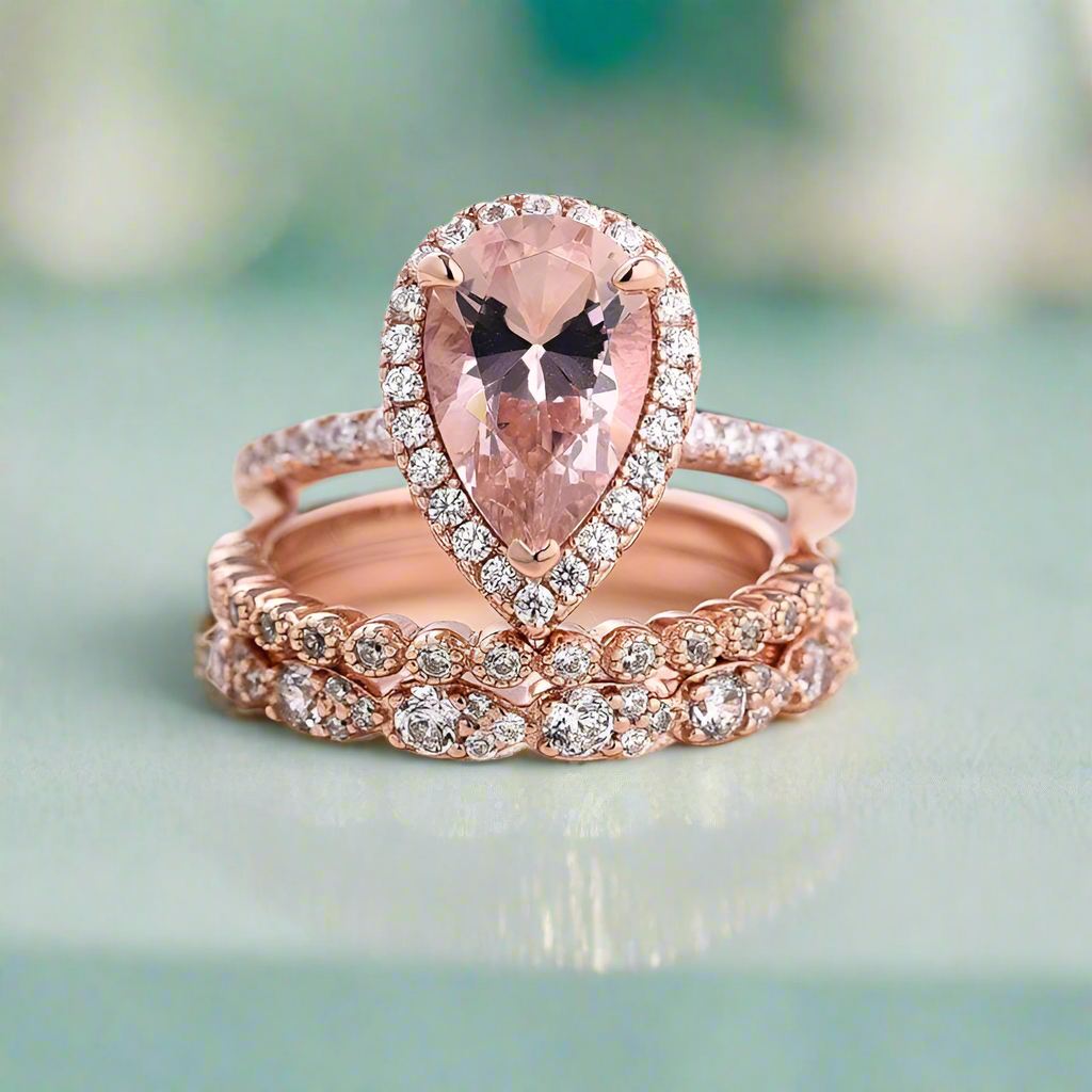 Rose Gold Peachy Pink Pear Cut Diamond Halo Ring Set-Evani Naomi Jewelry
